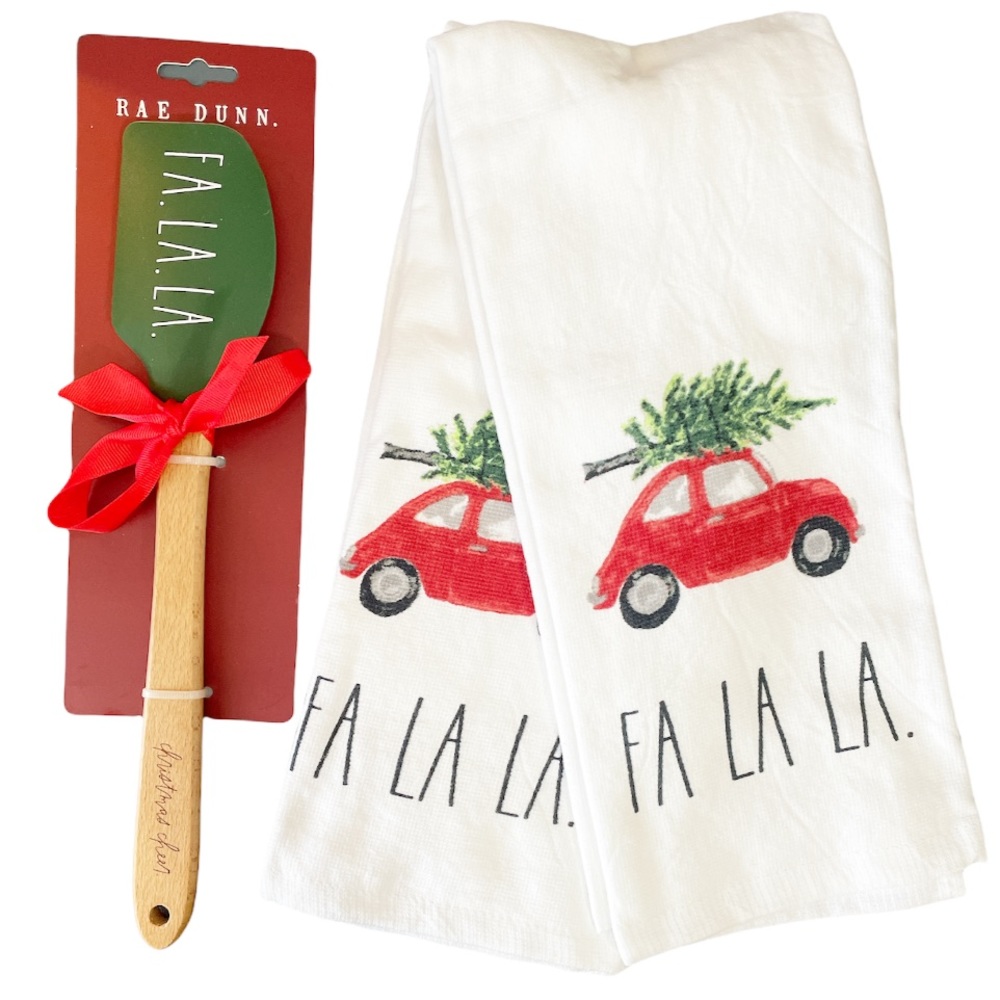 NEW Rae Dunn FA. LA. LA. 3Pc Christmas Spatula & Towel Set 🎄🚗🎄